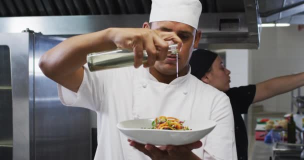 Kaukasische Mannelijke Chef Kok Garnering Schotel Glimlachen Restaurant Keuken Werken — Stockvideo