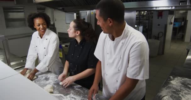 Çeşitli Aşçılar Restoran Mutfağında Hamur Hazırlıyor Konuşuyorlar Yoğun Bir Lokanta — Stok video