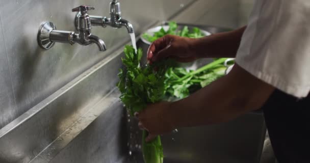 Zbliżenie Afrykańskiej Amerykańskiej Kucharki Myjącej Warzywa Restauracji Praca Zajętej Kuchni — Wideo stockowe