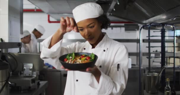 アフリカ系アメリカ人の女性シェフが皿を飾り カメラを見る姿が描かれている 忙しいレストランのキッチンで働く — ストック動画
