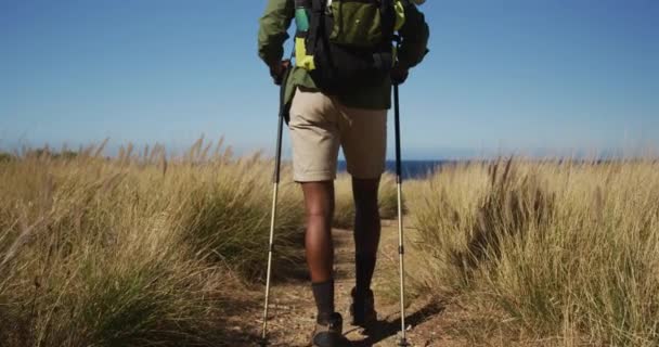 Afrikanischer Mann Beim Wandern Mit Wanderstöcken Der Landschaft Der Küste — Stockvideo