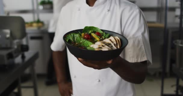 Portrait African American Male Chef Wearing Face Mask Presenting Dish — Stock Video