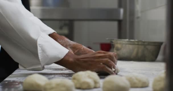 Midsection Mixed Race Female Chef Preparing Dough Adding Flour Working — Stock Video