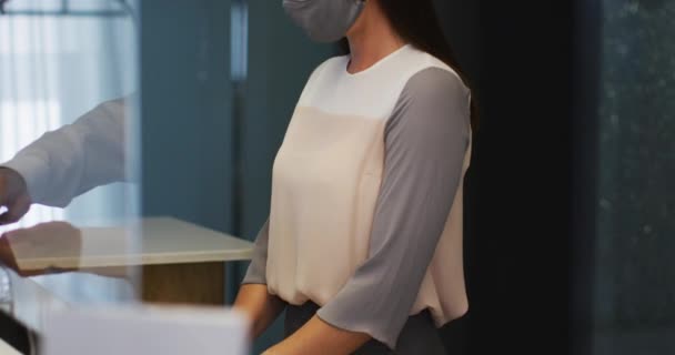 Caucasian Woman Wearing Grey Face Mask Looking Camera Smiling Out — Stock Video