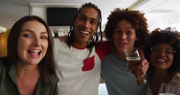 Diverse Group Happy Friends Watching Game Drinking Beers Taking Selfie — Stock Video