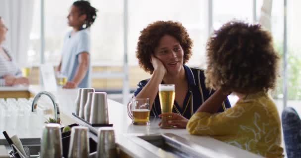 Divers Groupes Amis Heureux Buvant Des Bières Parlant Dans Bar — Video