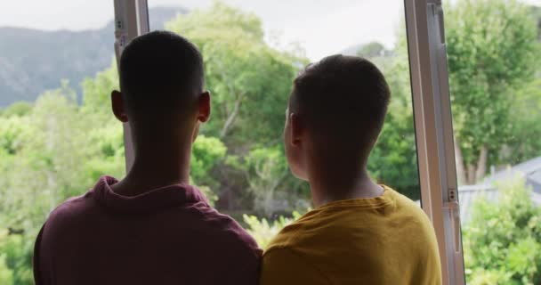 Rückansicht Eines Gemischten Homosexuellen Männlichen Paares Das Aus Dem Fenster — Stockvideo