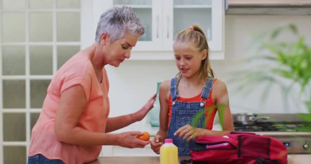 Biała Babcia Kuchni Przygotowuje Zapakowany Lunch Rozmawiając Wnuczką Dającą Owoce — Wideo stockowe