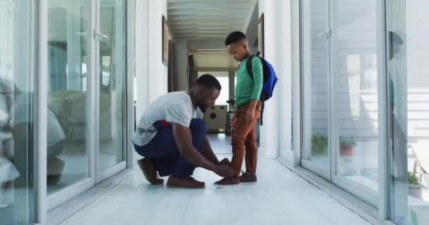 African American Father Helping His Son Tying Shoes Hallway Staying — Stock Video
