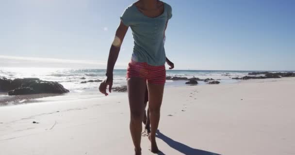 Pareja Afroamericana Cogida Mano Corriendo Por Playa Tiempo Ocio Aire — Vídeo de stock