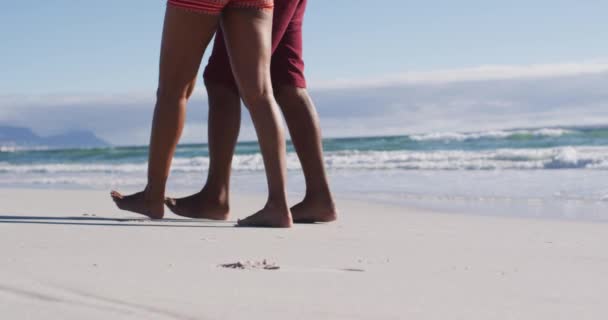 Baixa Seção Casal Afro Americano Abraçando Andando Praia Tempo Lazer — Vídeo de Stock