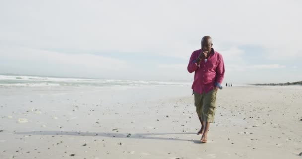 Afro Americano Idoso Caminhando Uma Praia Esfregando Queixo Olhando Para — Vídeo de Stock