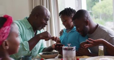 Afrika kökenli Amerikalı büyükbaba ve oğul evde akıllı telefon kullanırken gülümsüyorlar. Aile, birliktelik ve mutluluk kavramı