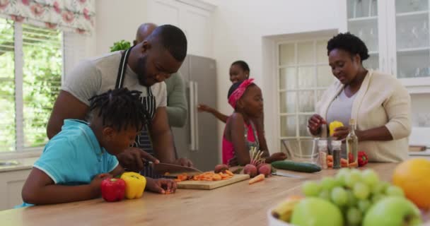 Kuşak Afro Amerikan Ailesi Evdeki Mutfakta Birlikte Çalışıyor Aile Birliktelik — Stok video