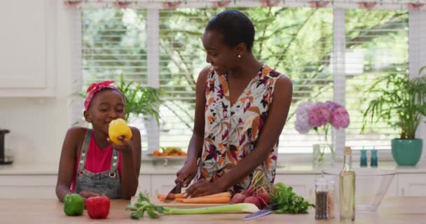 Afroamerikanische Mutter Und Tochter Hacken Hause Der Küche Gemüse Familie — Stockvideo