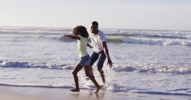 African American Father His Daughter Playing Beach Healthy Outdoor Leisure — Stock Video