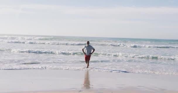 Senior African American Man Walking Smiling Beach Healthy Outdoor Leisure — Stock Video