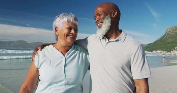 Sonriendo Pareja Afroamericana Mayor Abrazándose Playa Tiempo Ocio Aire Libre — Vídeo de stock