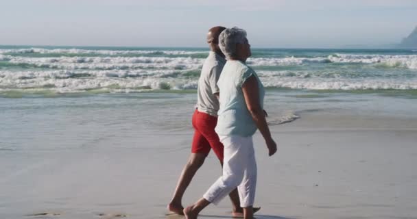 Senior African American Couple Walking Holding Hands Beach Healthy Outdoor — Stock Video