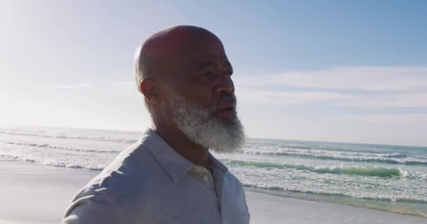 Senior African American Man Standing Beach Admiring View Closing Eyes — Stock Video