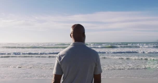 Senior African American Man Walking Beach Healthy Outdoor Leisure Time — Stock Video