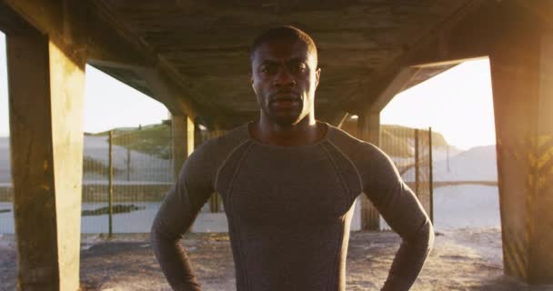 Retrato Homem Afro Americano Focado Olhando Para Câmera Exercitando Livre — Vídeo de Stock