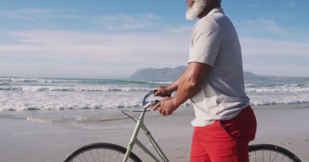 Homem Americano Africano Sênior Caminhando Com Uma Bicicleta Praia Tempo — Vídeo de Stock