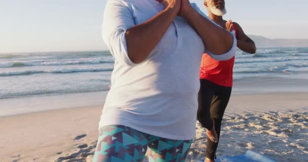 Couple Afro Américain Senior Pratiquant Yoga Plage Loisirs Plein Air — Video