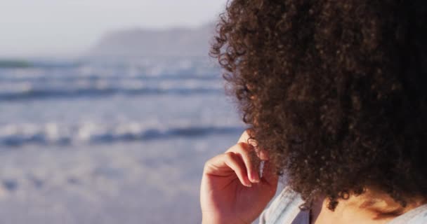 Nahaufnahme Eines Afroamerikaners Mit Hand Kinn Der Strand Lächelt Familienreise — Stockvideo