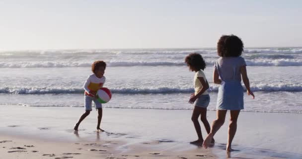 African American Mother Her Children Playing Ball Beach Healthy Outdoor — Stock Video