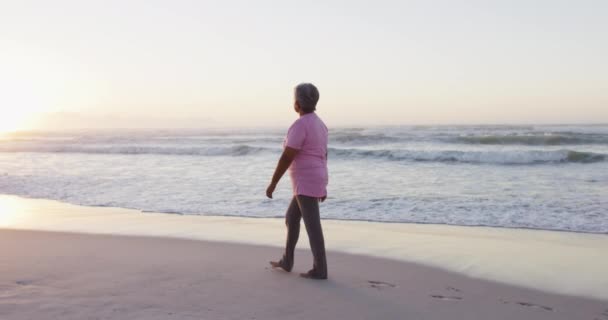 Senior African American Woman Walking Beach Healthy Outdoor Leisure Time — Stock Video