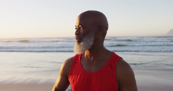 Sonriente Hombre Afroamericano Mayor Caminando Por Playa Tiempo Ocio Aire — Vídeos de Stock