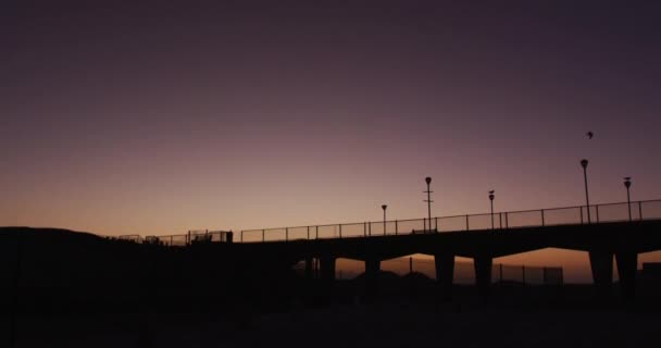 日没時に橋や街灯の上を飛んで鳥のシルエット 背景にある空気の澄んだ紫色の空 — ストック動画