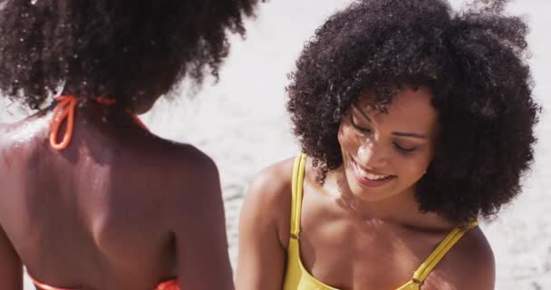非洲裔美国母亲在海滩上用毛巾擦干女儿 海上健康的户外闲暇时间 — 图库视频影像