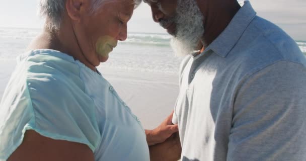 上了年纪的非洲裔美国夫妇在海滩上互相碰碰额头 海上健康的户外闲暇时间 — 图库视频影像