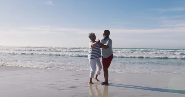 Couple Afro Américain Senior Dansant Sur Plage Loisirs Plein Air — Video