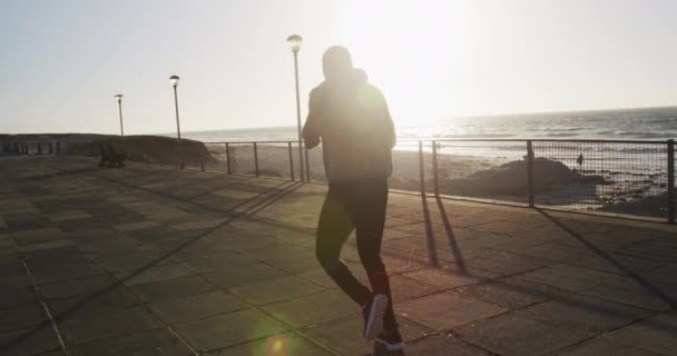 Hombre Afroamericano Enfocado Boxeando Corriendo Ejercitándose Aire Libre Junto Mar — Vídeo de stock