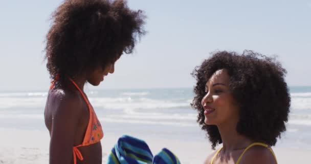 Madre Afroamericana Secando Hija Con Una Toalla Playa Tiempo Ocio — Vídeos de Stock
