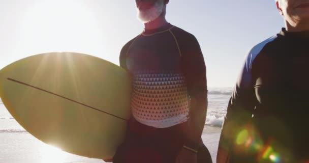 Een Afrikaans Stel Met Surfplanken Het Strand Gezonde Vrije Tijd — Stockvideo