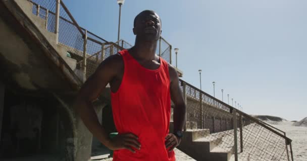 Focused African American Man Admiring View Taking Break Exercise Outdoors — Stock Video