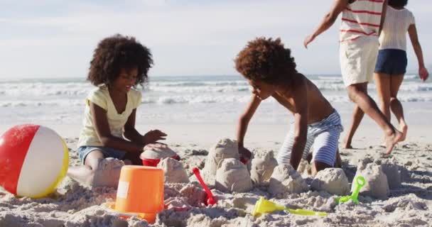 アフリカ系アメリカ人の兄と妹が砂浜で遊んでいる 海による健康的な屋外レジャータイム — ストック動画