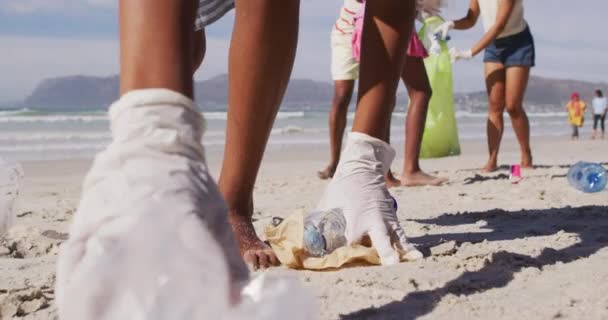 Afroamerikanische Eltern Mit Zwei Kindern Die Gesichtsmasken Tragen Und Müll — Stockvideo