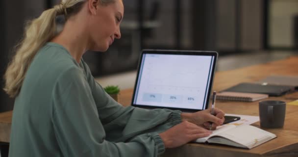 Mujer Negocios Caucásica Sentada Escritorio Usando Laptop Tomando Notas Negocios — Vídeo de stock