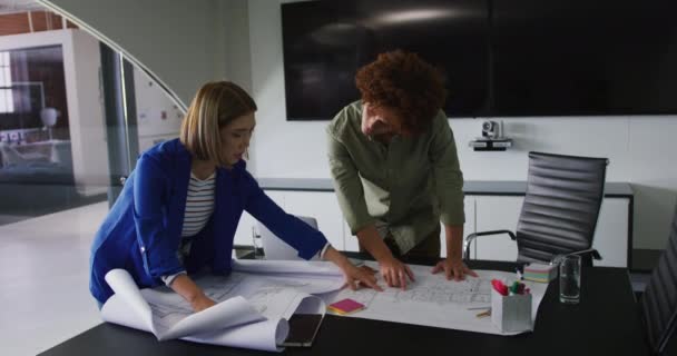 不同的男性和女性商界同事在讨论工作时都在看技术图纸 独立创意设计业务 — 图库视频影像