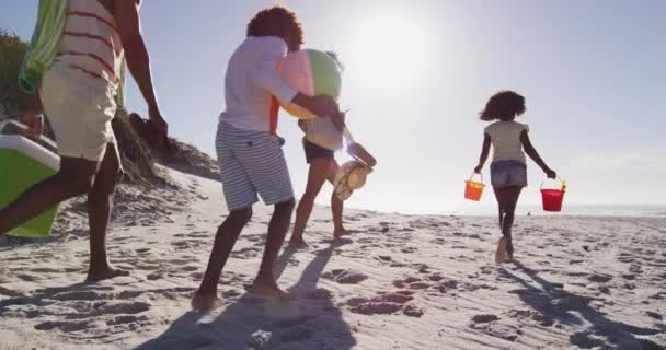 Genitori Afroamericani Loro Figli Camminano Con Attrezzatura Spiaggia Sulla Spiaggia — Video Stock