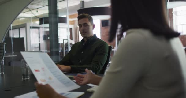 Diverse Male Female Talking Meeting Room Using Laptop Holding Document — Stock Video