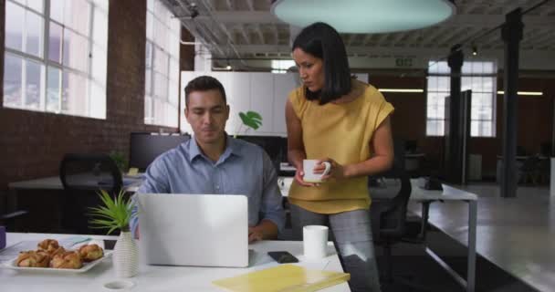 在讨论中 不同的男性和女性商界同事都在使用笔记本电脑 手握一杯咖啡 现代办公室里的生意 — 图库视频影像
