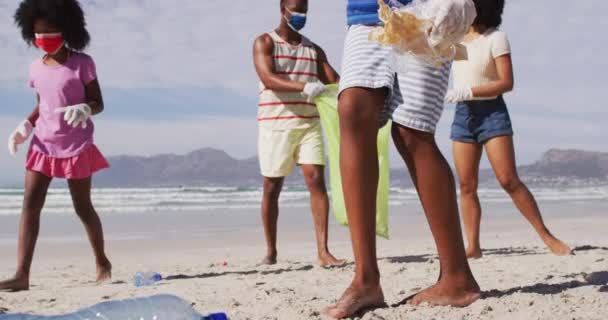 Padres Afroamericanos Con Dos Niños Con Mascarillas Recogiendo Basura Playa — Vídeos de Stock