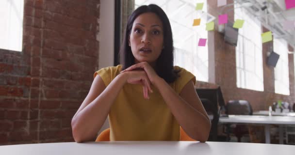 Mixed Race Businesswoman Sitting Desk Meeting Room Having Video Call — Stock Video