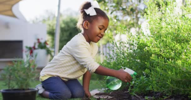Boldog Afro Amerikai Lány Kertészkedés Öntözés Növények Kertben Karantén Lezárása — Stock videók